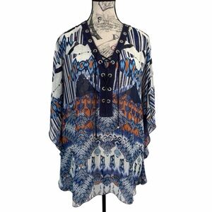 Reba Sheer Blue & Orange BOHO chic Crochet Neckline & Lace up Tunic Size M